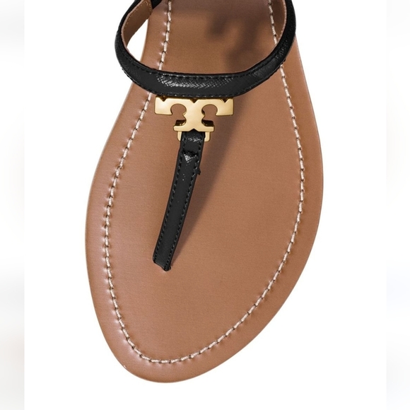 TORY BURCH Sandals Gold Logo Thong Sandle Black Size  9.5 - Picture 2 of 7